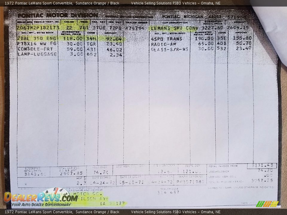 Info Tag of 1972 Pontiac LeMans Sport Convertible Photo #28