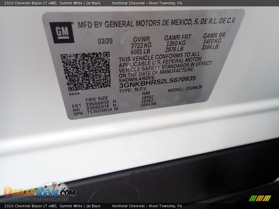 2020 Chevrolet Blazer LT AWD Summit White / Jet Black Photo #13