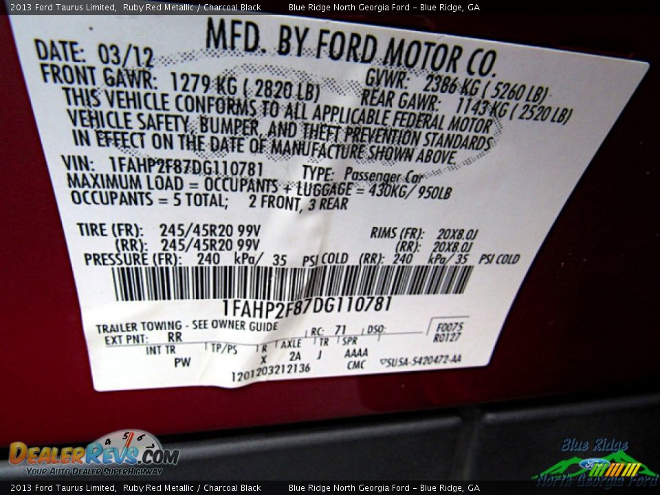 2013 Ford Taurus Limited Ruby Red Metallic / Charcoal Black Photo #22