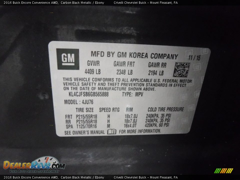 2016 Buick Encore Convenience AWD Carbon Black Metallic / Ebony Photo #36