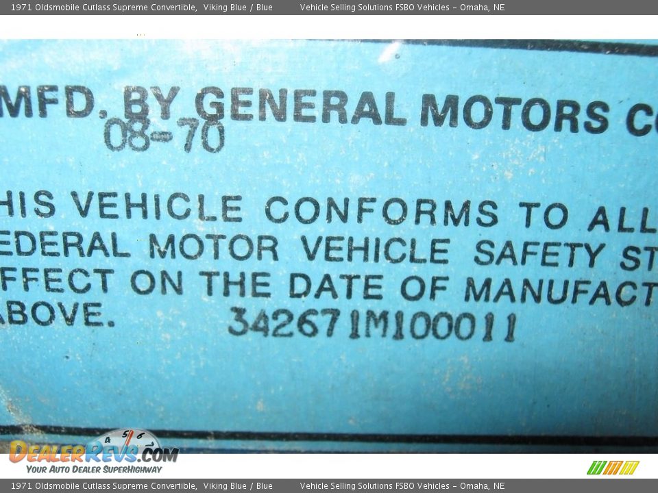 Info Tag of 1971 Oldsmobile Cutlass Supreme Convertible Photo #17