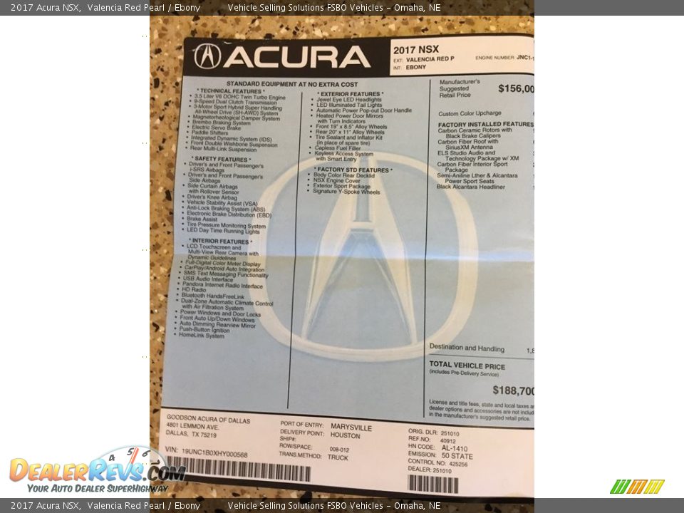 2017 Acura NSX  Window Sticker Photo #25