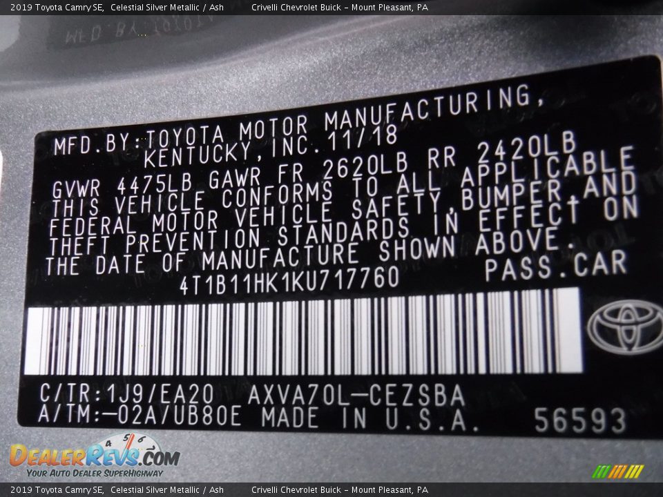 2019 Toyota Camry SE Celestial Silver Metallic / Ash Photo #34