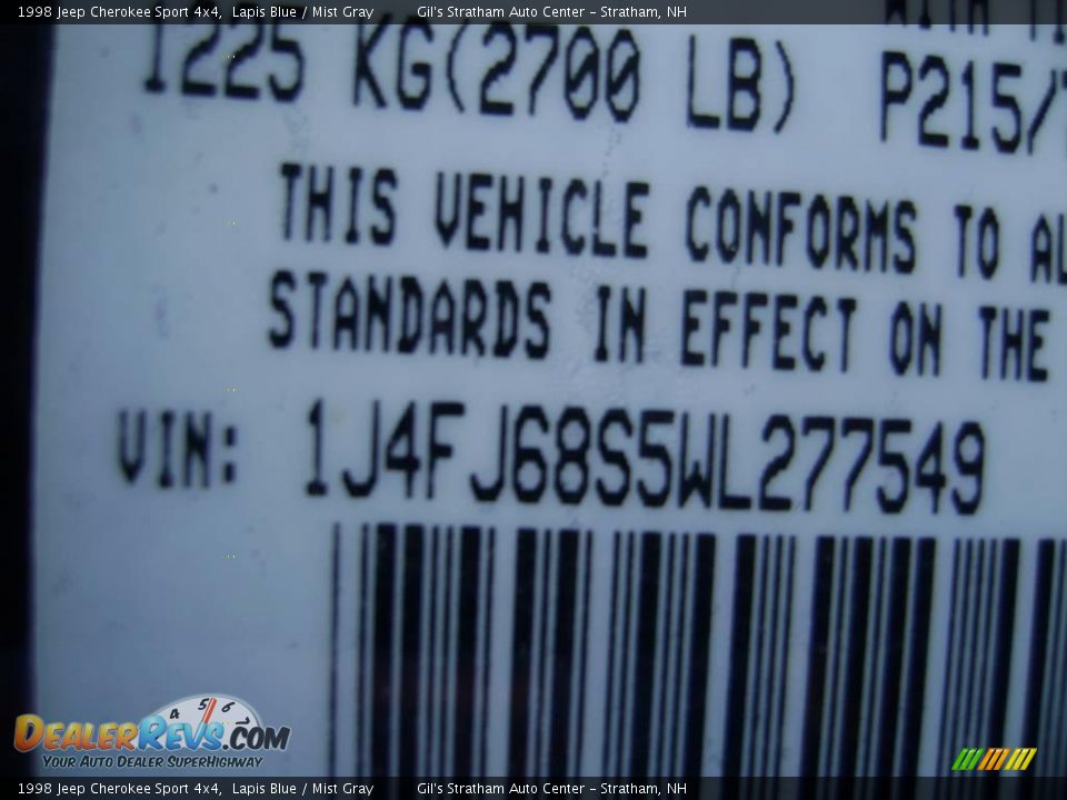 1998 Jeep Cherokee Sport 4x4 Lapis Blue / Mist Gray Photo #14