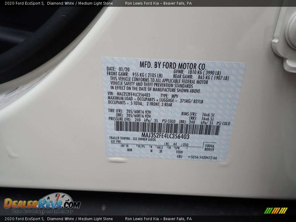 2020 Ford EcoSport S Diamond White / Medium Light Stone Photo #11