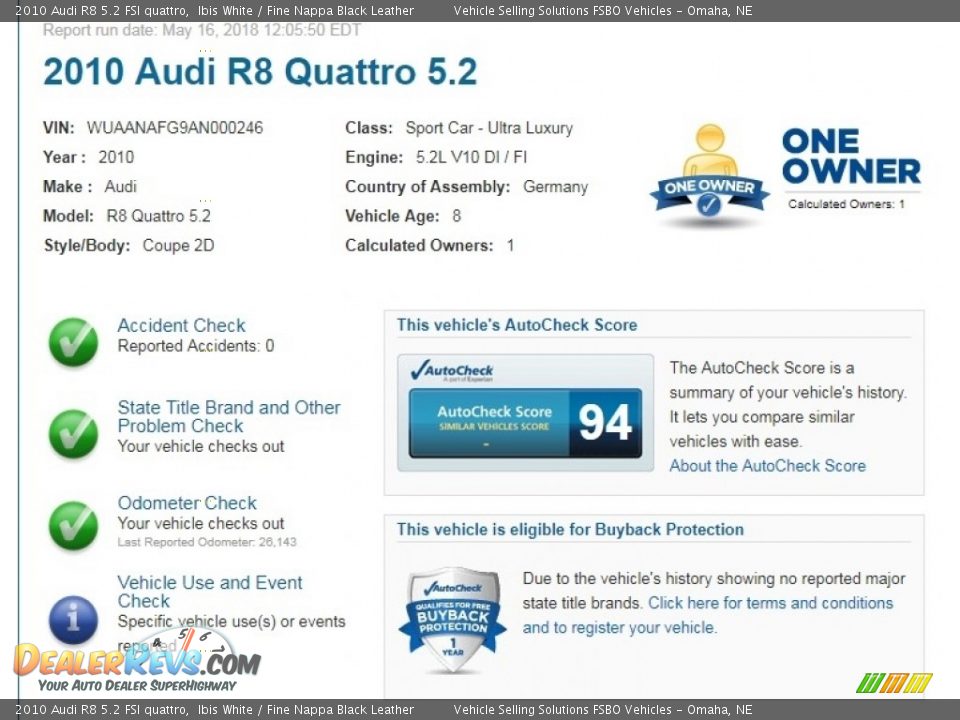 Dealer Info of 2010 Audi R8 5.2 FSI quattro Photo #2