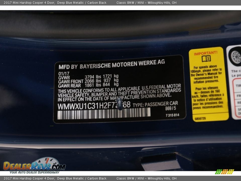2017 Mini Hardtop Cooper 4 Door Deep Blue Metallic / Carbon Black Photo #23
