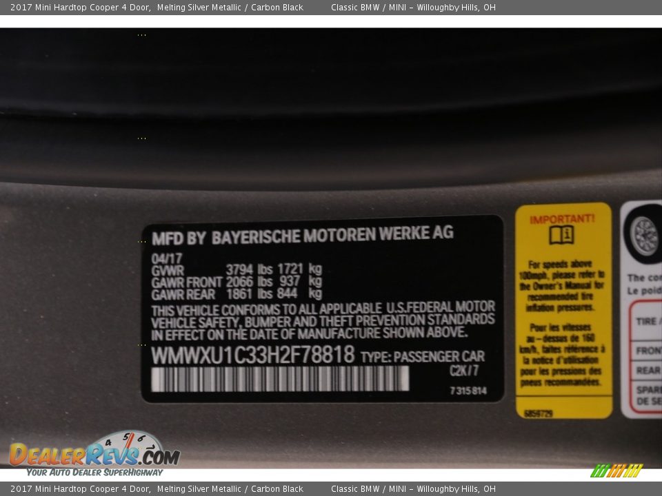 2017 Mini Hardtop Cooper 4 Door Melting Silver Metallic / Carbon Black Photo #32