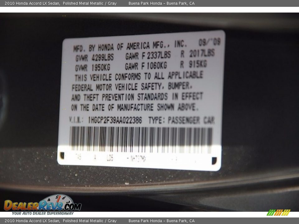 2010 Honda Accord LX Sedan Polished Metal Metallic / Gray Photo #28