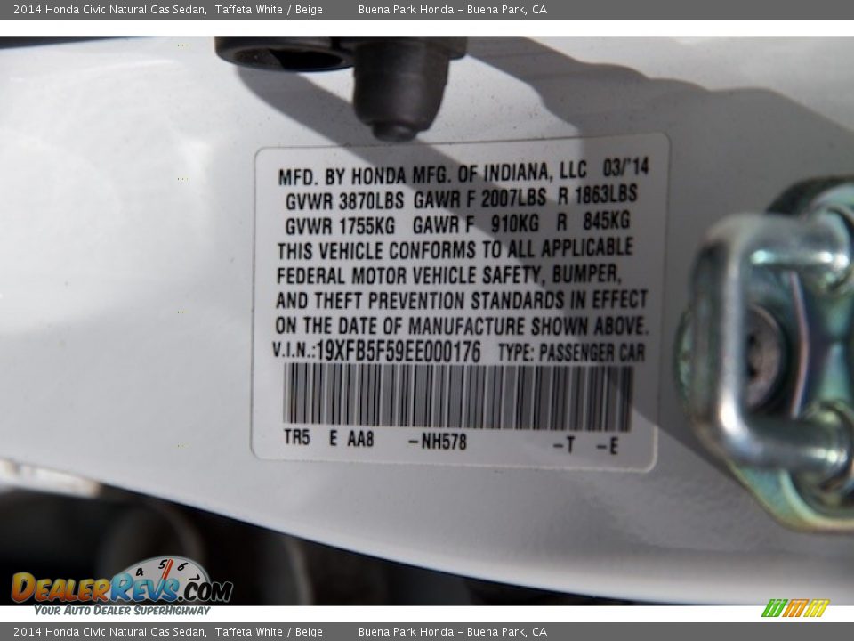 2014 Honda Civic Natural Gas Sedan Taffeta White / Beige Photo #31