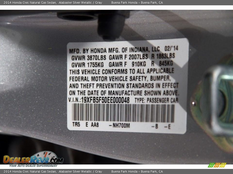 2014 Honda Civic Natural Gas Sedan Alabaster Silver Metallic / Gray Photo #31
