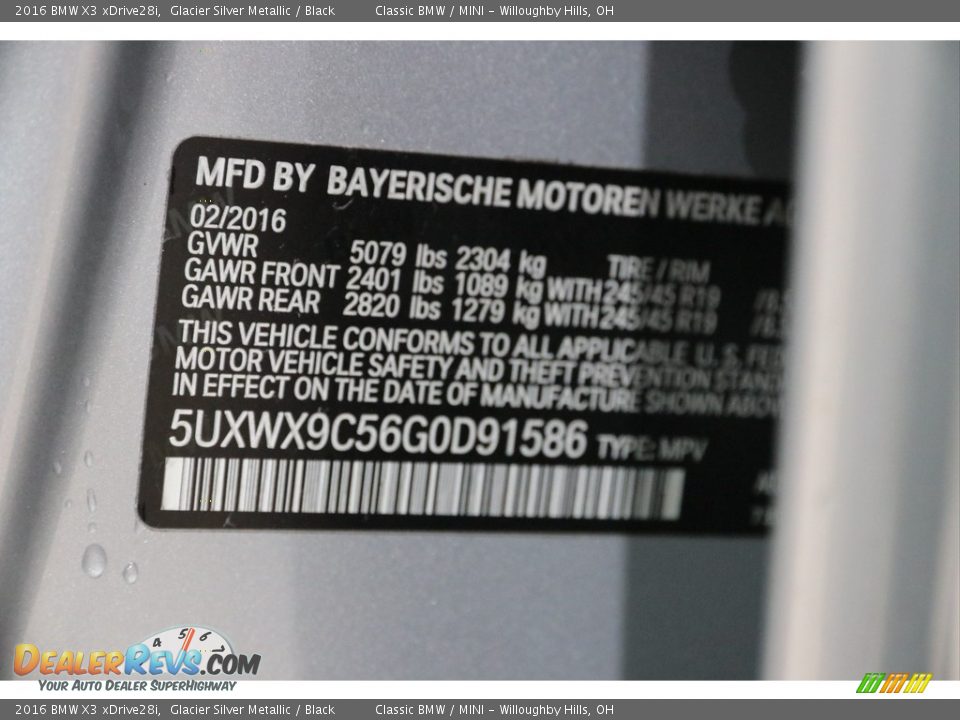 2016 BMW X3 xDrive28i Glacier Silver Metallic / Black Photo #7