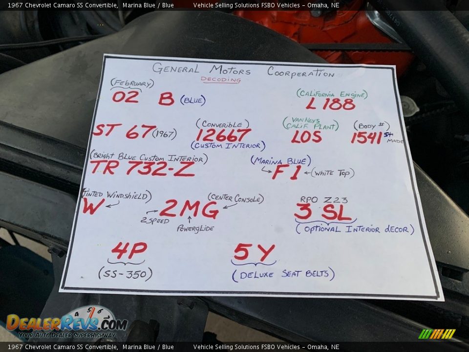 Info Tag of 1967 Chevrolet Camaro SS Convertible Photo #4