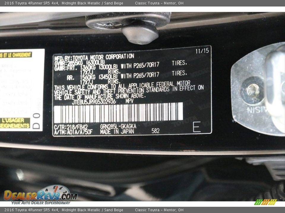 2016 Toyota 4Runner SR5 4x4 Midnight Black Metallic / Sand Beige Photo #22