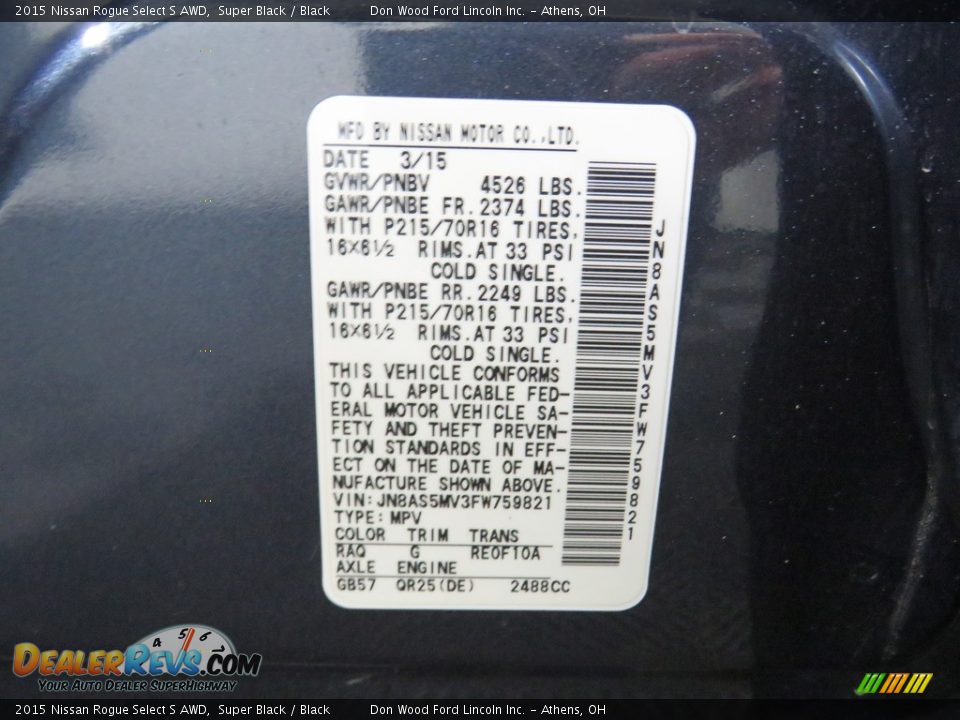 2015 Nissan Rogue Select S AWD Super Black / Black Photo #34