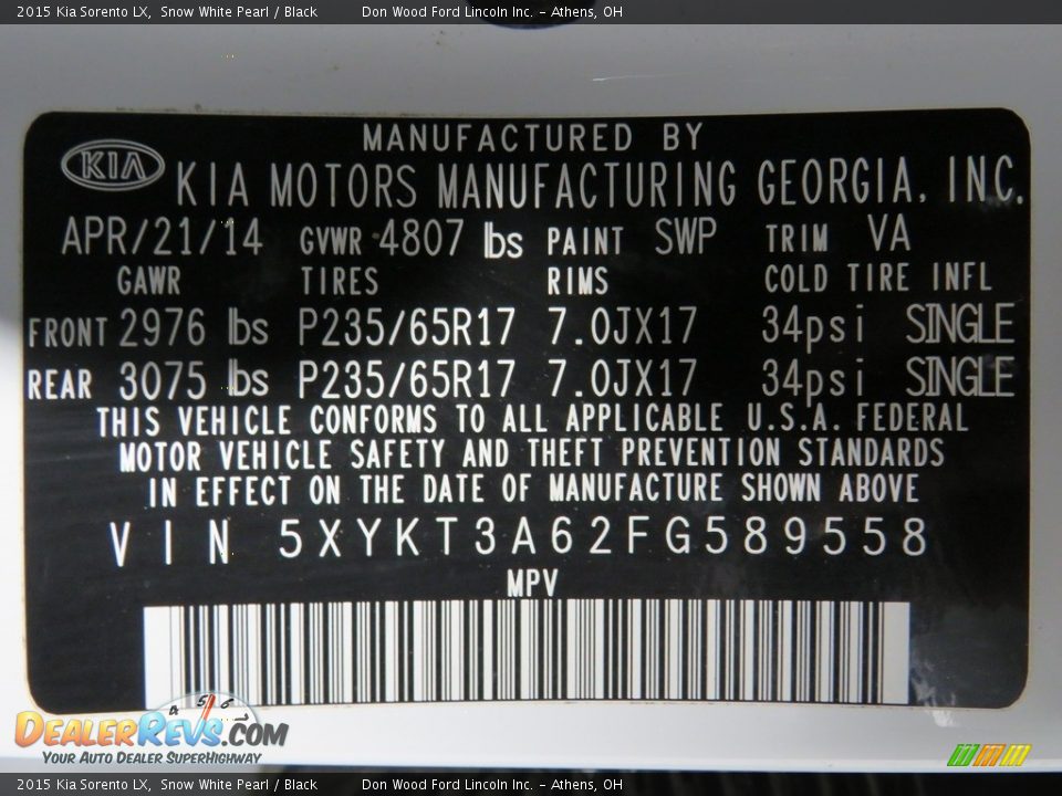 2015 Kia Sorento LX Snow White Pearl / Black Photo #33