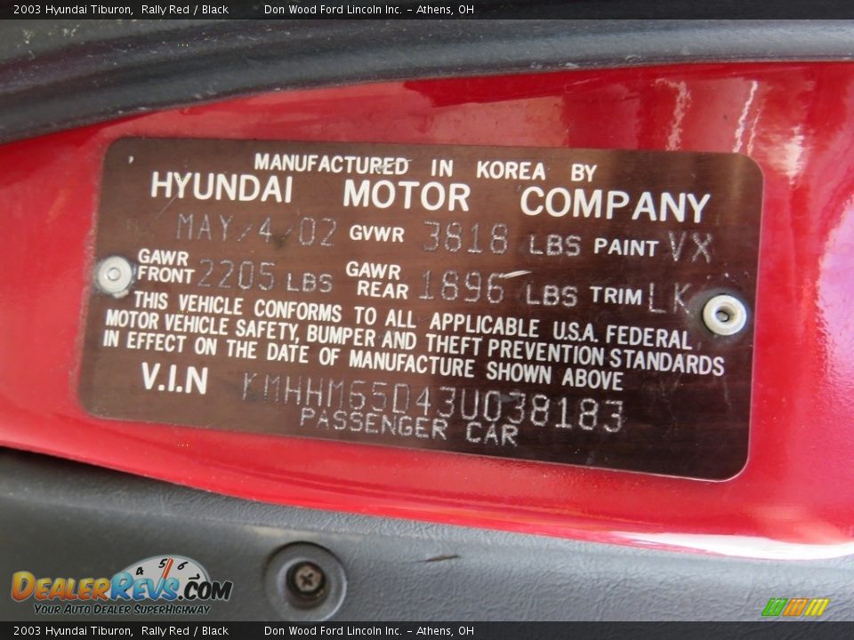 2003 Hyundai Tiburon Rally Red / Black Photo #18
