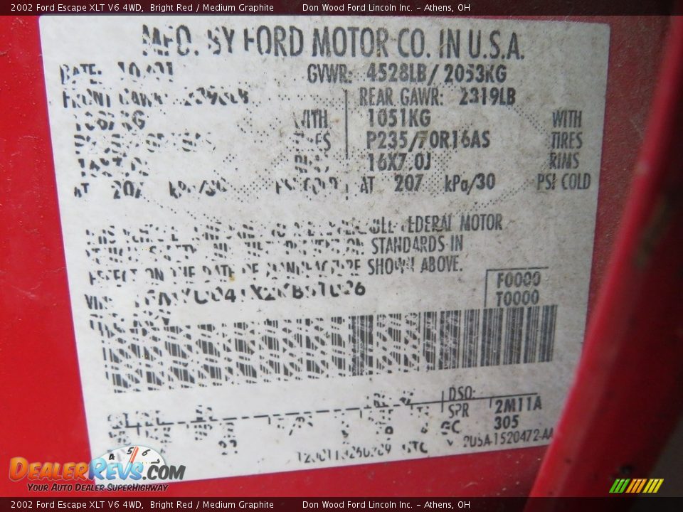 2002 Ford Escape XLT V6 4WD Bright Red / Medium Graphite Photo #21