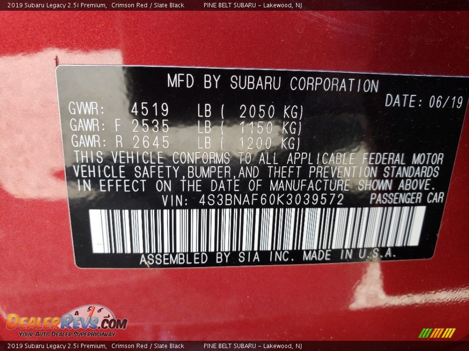 2019 Subaru Legacy 2.5i Premium Crimson Red / Slate Black Photo #35