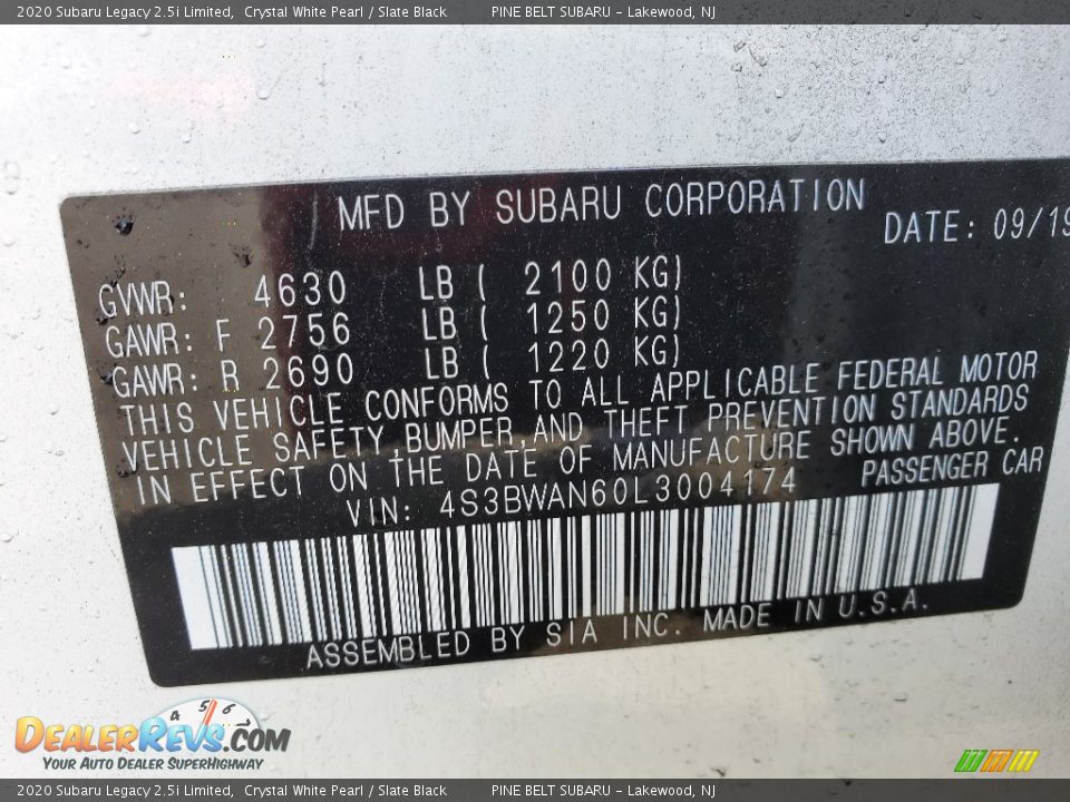 2020 Subaru Legacy 2.5i Limited Crystal White Pearl / Slate Black Photo #13