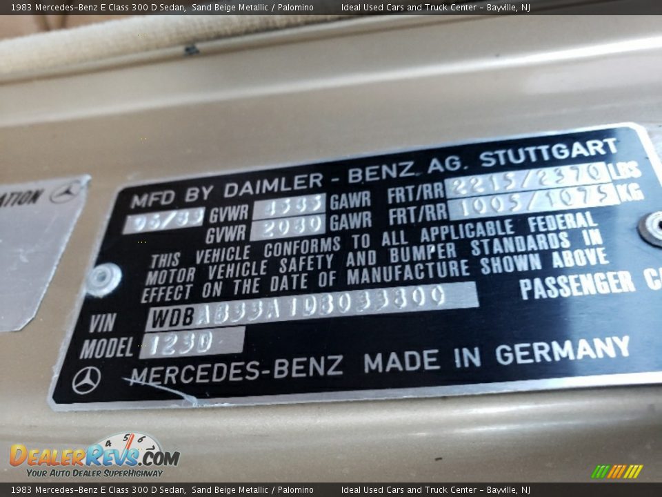 Info Tag of 1983 Mercedes-Benz E Class 300 D Sedan Photo #22