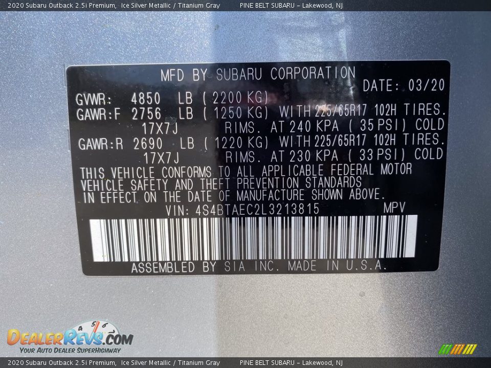 2020 Subaru Outback 2.5i Premium Ice Silver Metallic / Titanium Gray Photo #12
