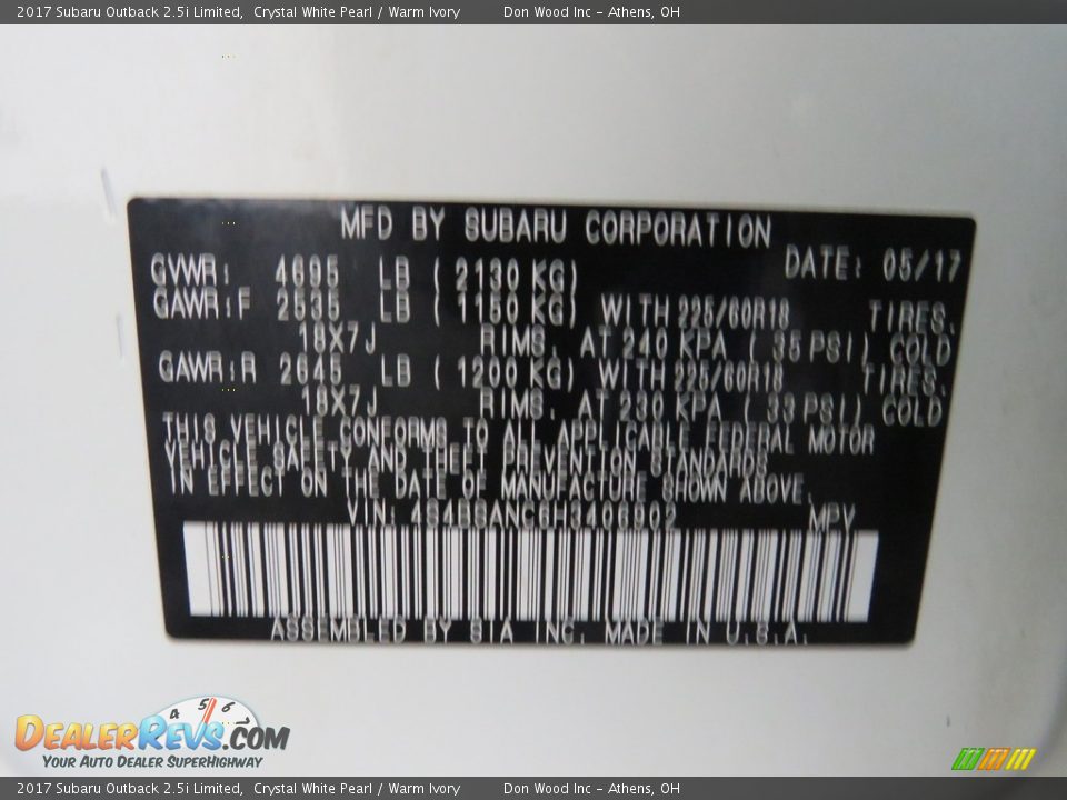 2017 Subaru Outback 2.5i Limited Crystal White Pearl / Warm Ivory Photo #35