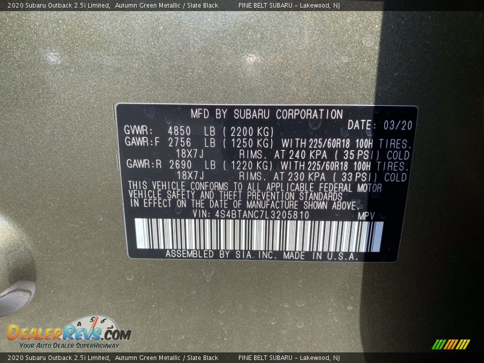 2020 Subaru Outback 2.5i Limited Autumn Green Metallic / Slate Black Photo #12