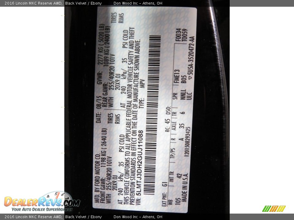 2016 Lincoln MKC Reserve AWD Black Velvet / Ebony Photo #35