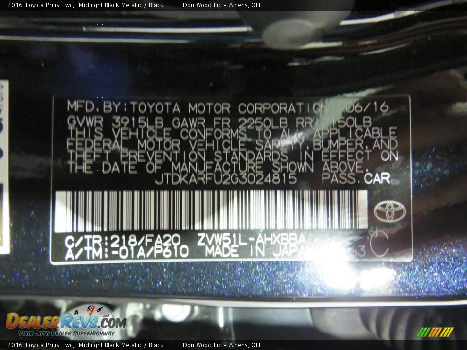 2016 Toyota Prius Two Midnight Black Metallic / Black Photo #35