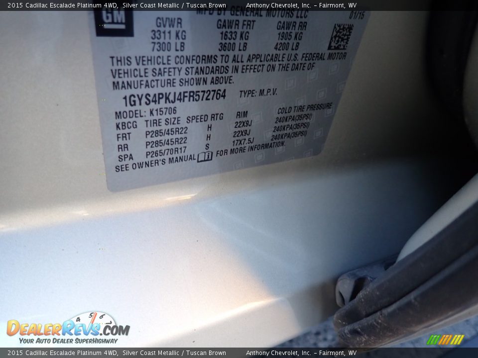 2015 Cadillac Escalade Platinum 4WD Silver Coast Metallic / Tuscan Brown Photo #15