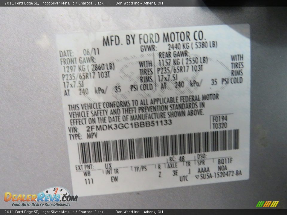 2011 Ford Edge SE Ingot Silver Metallic / Charcoal Black Photo #33