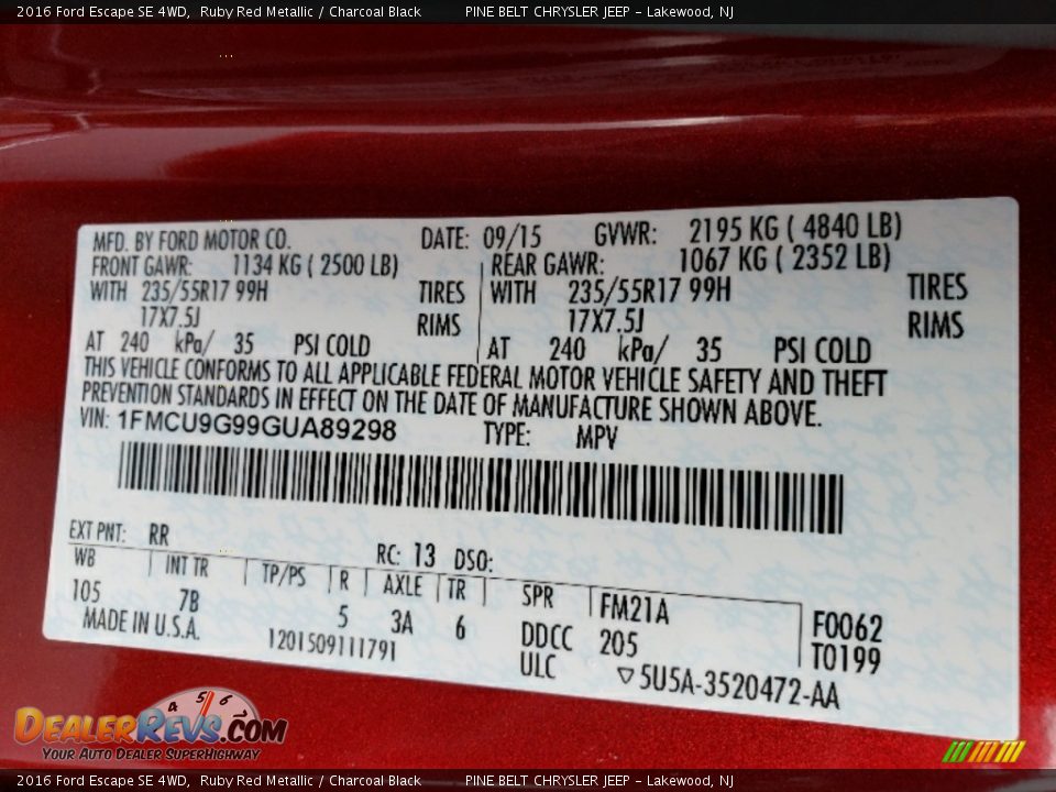 2016 Ford Escape SE 4WD Ruby Red Metallic / Charcoal Black Photo #35