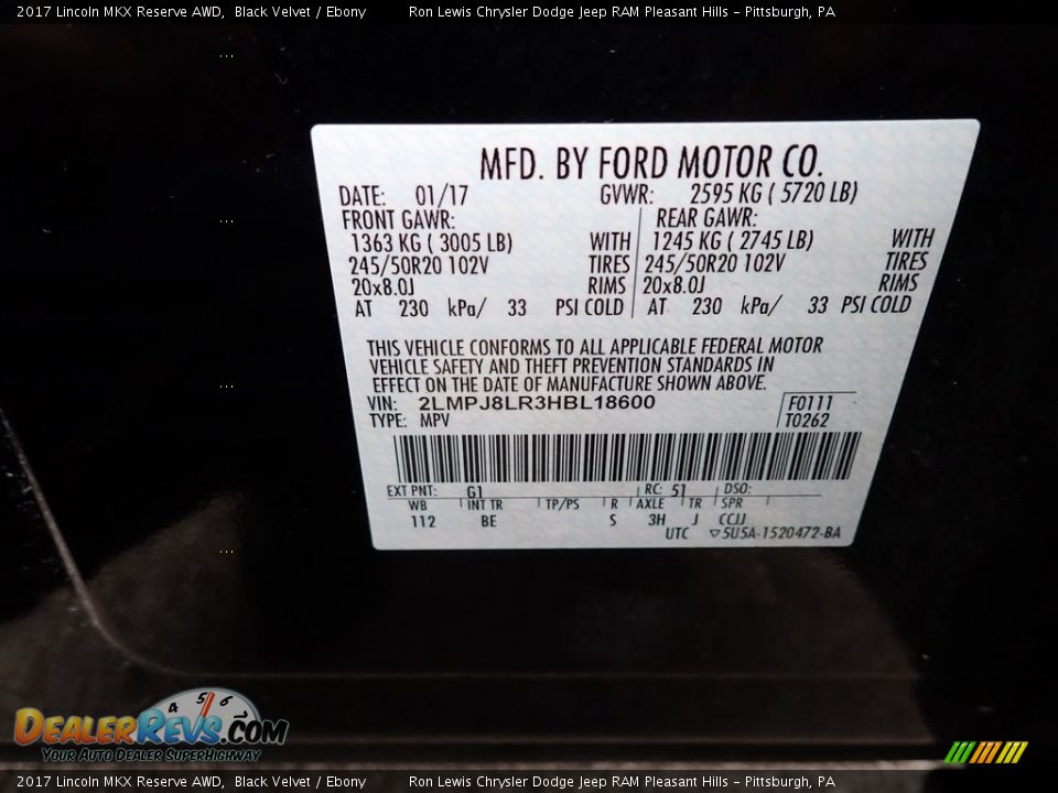 2017 Lincoln MKX Reserve AWD Black Velvet / Ebony Photo #15