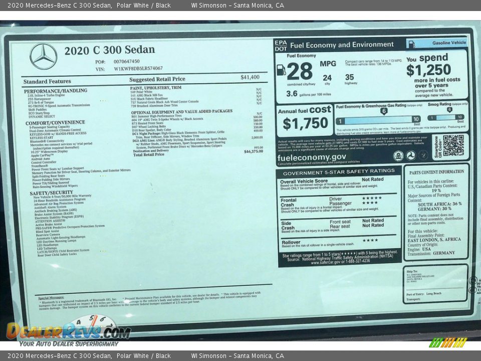2020 Mercedes-Benz C 300 Sedan Polar White / Black Photo #11