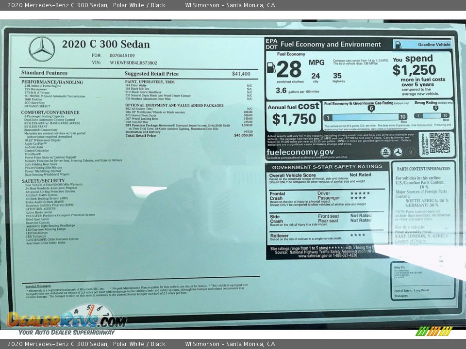 2020 Mercedes-Benz C 300 Sedan Polar White / Black Photo #11