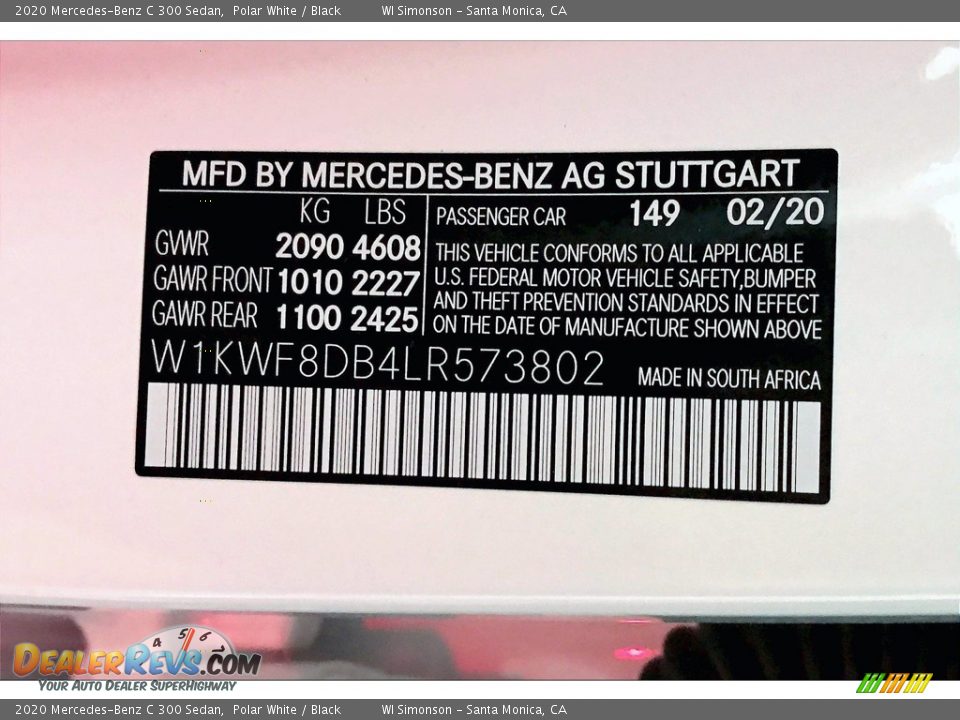 2020 Mercedes-Benz C 300 Sedan Polar White / Black Photo #12