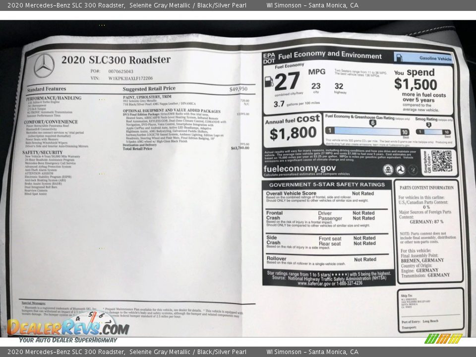 2020 Mercedes-Benz SLC 300 Roadster Selenite Gray Metallic / Black/Silver Pearl Photo #10