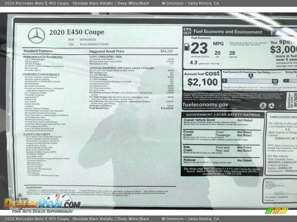 2020 Mercedes-Benz E 450 Coupe Obsidian Black Metallic / Deep White/Black Photo #10