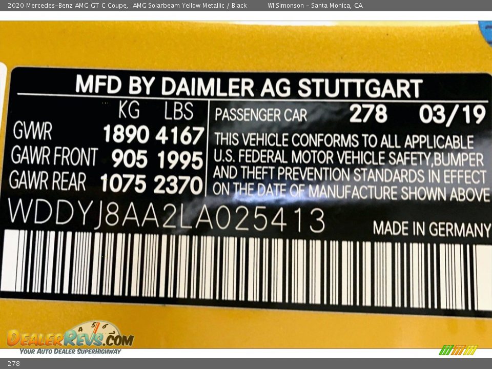 Mercedes-Benz Color Code 278 AMG Solarbeam Yellow Metallic