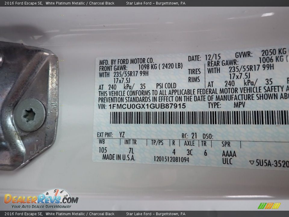 2016 Ford Escape SE White Platinum Metallic / Charcoal Black Photo #15