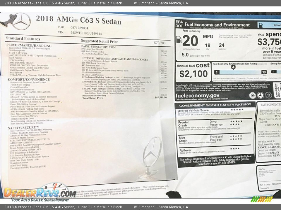 2018 Mercedes-Benz C 63 S AMG Sedan Lunar Blue Metallic / Black Photo #10