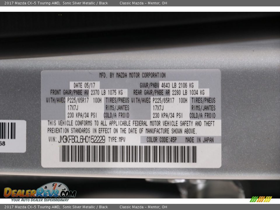 2017 Mazda CX-5 Touring AWD Sonic Silver Metallic / Black Photo #23