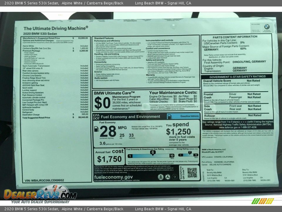 2020 BMW 5 Series 530i Sedan Alpine White / Canberra Beige/Black Photo #10