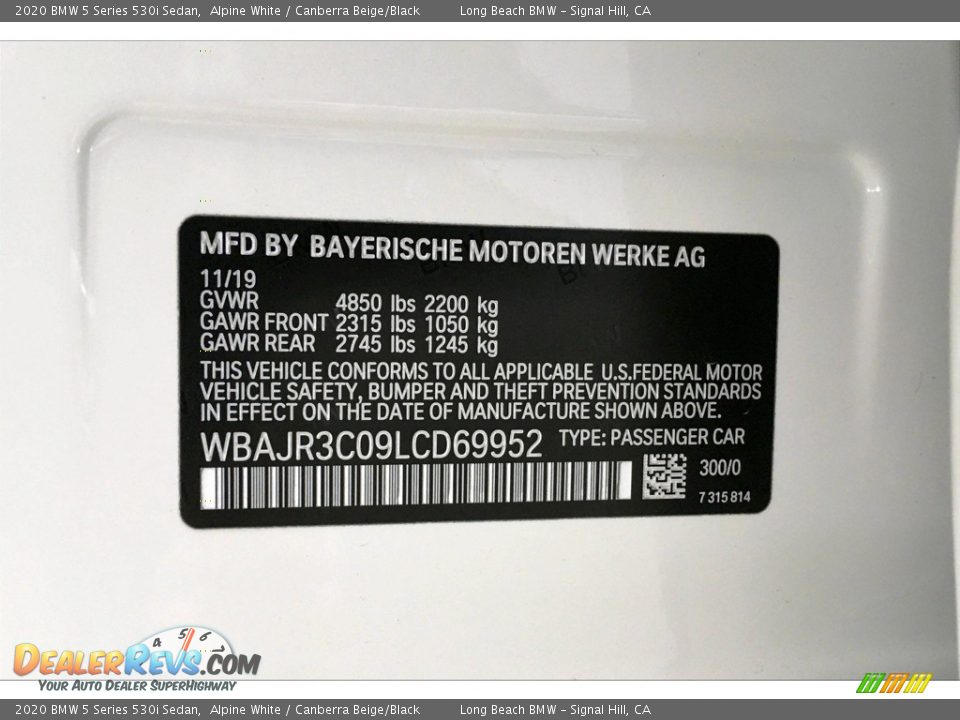 2020 BMW 5 Series 530i Sedan Alpine White / Canberra Beige/Black Photo #11