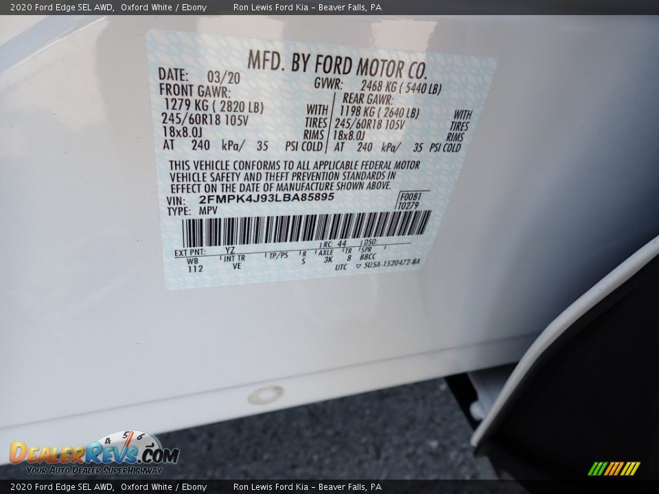 2020 Ford Edge SEL AWD Oxford White / Ebony Photo #13
