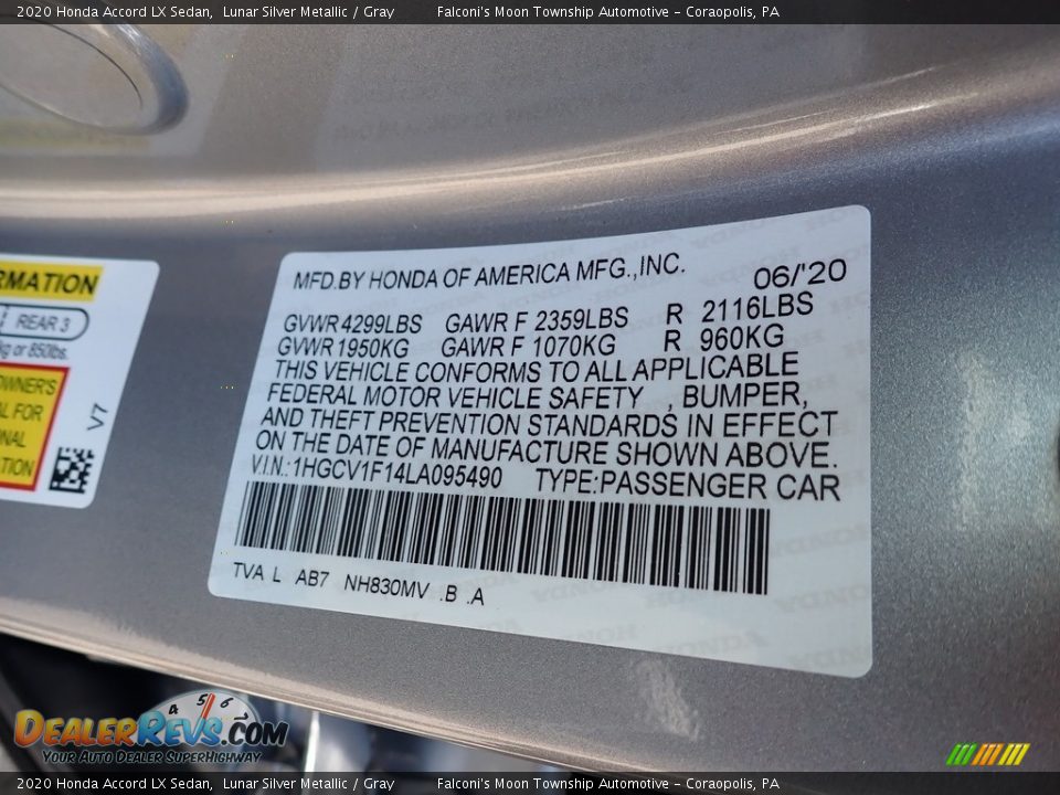 2020 Honda Accord LX Sedan Lunar Silver Metallic / Gray Photo #11