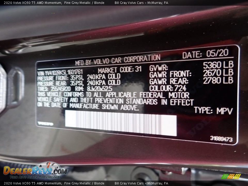 2020 Volvo XC60 T5 AWD Momentum Pine Grey Metallic / Blonde Photo #12