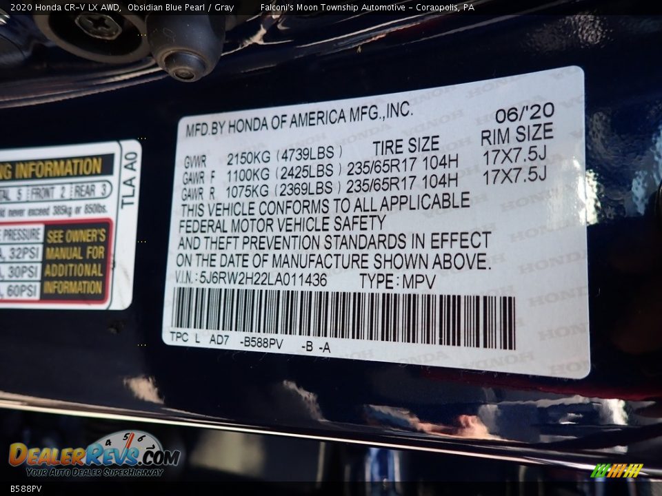 Honda Color Code B588PV Obsidian Blue Pearl