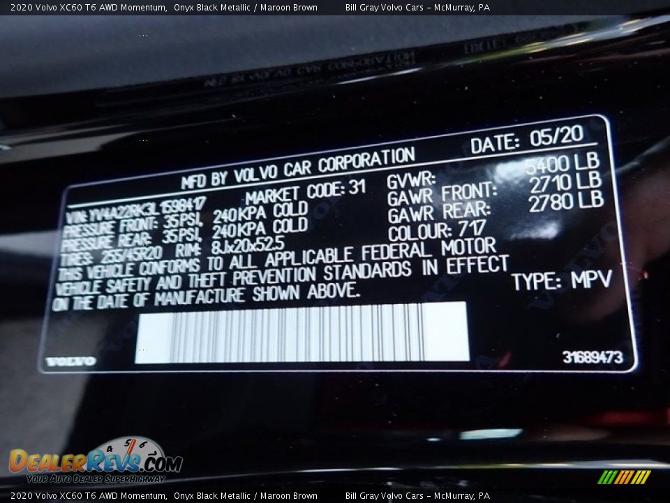 2020 Volvo XC60 T6 AWD Momentum Onyx Black Metallic / Maroon Brown Photo #11
